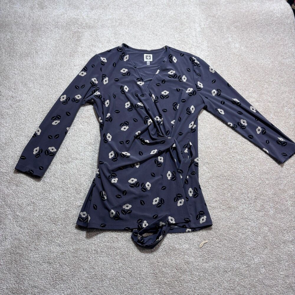 Anne Klein Wrap Top Floral Print Blue Background, Size M